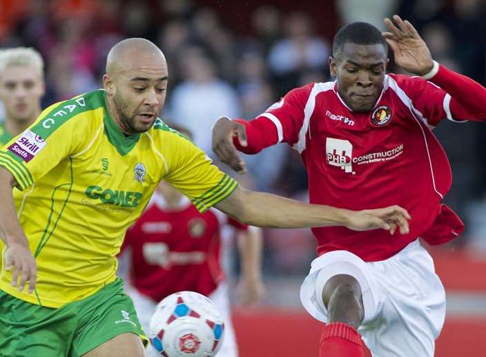 Richard Orlu and Anthony Cook do battle in the league meeting between Ebbsfleet and Dover Picture: Andy Payton