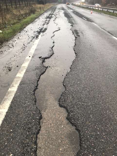 This mammoth gash was discovered at the A249 yesterday. Picture: Hugh Fitzgibbon