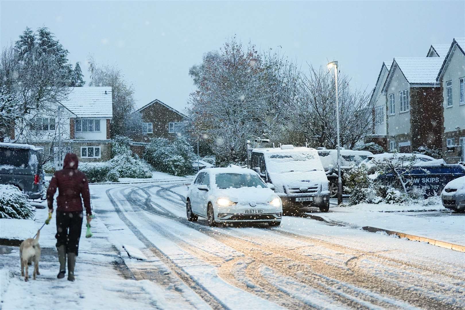 Early morning on a snowy street in Warwick (Jacob King/PA)