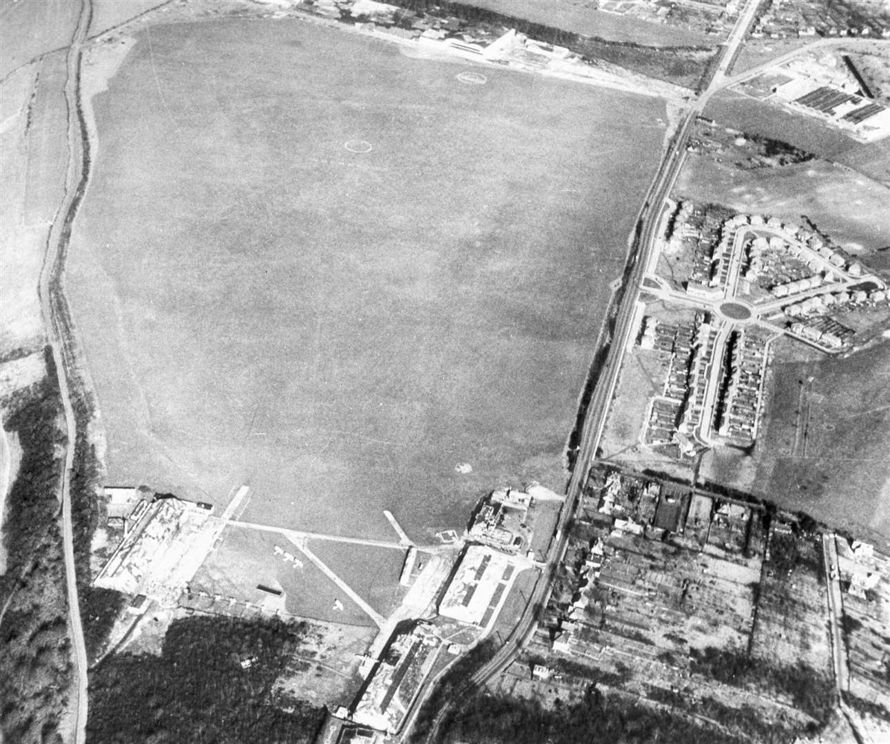 An overhead photo directly above Rochester Airport in 1980