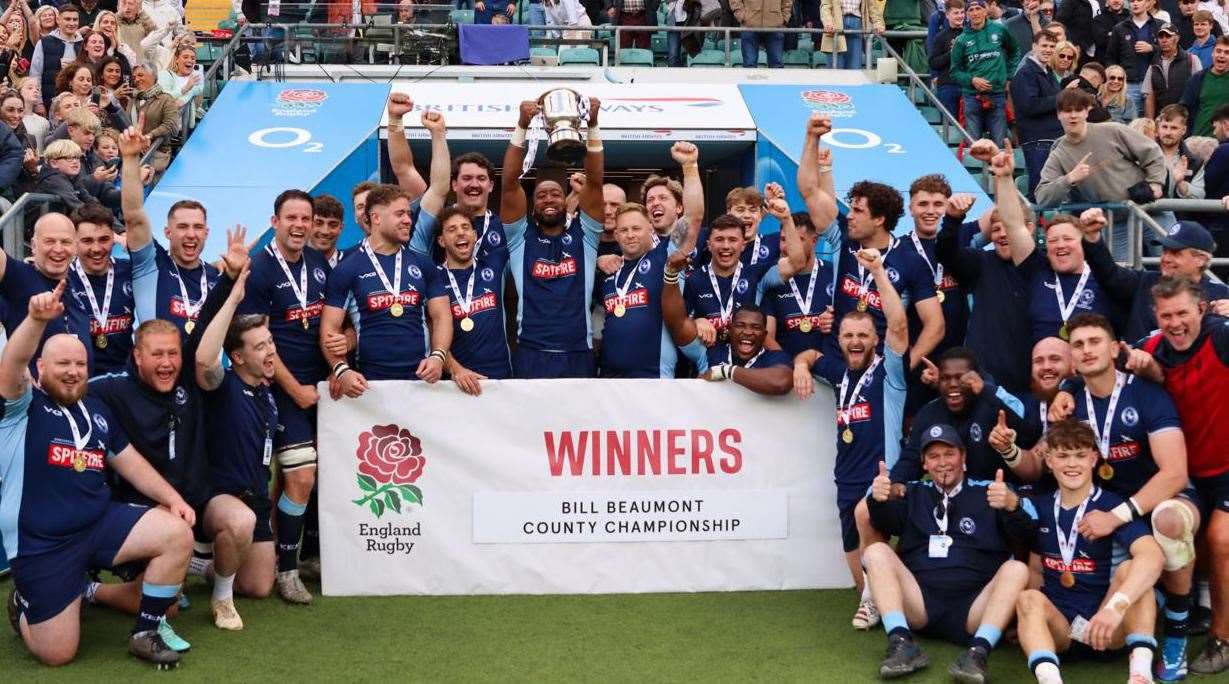 Kent celebrate a second successive Bill Beaumont County Championship Division 1 victory at Twickenham. Picture: Claire Jeffrey