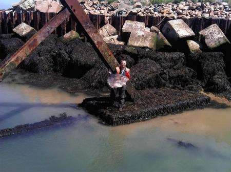 James Pepper at Sheerness Docks with the sunfish he discovered there