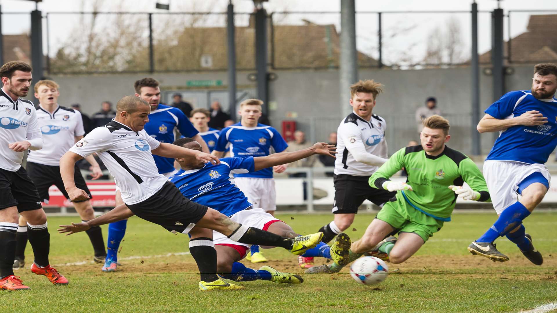 Tom Wynter gets a shot away inside the St Albans penalty area Picture: Andy Payton