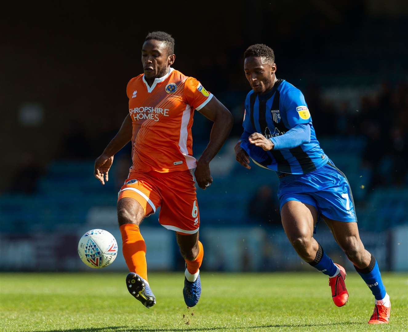 Gillingham's Brandon Hanlan closes down Shrewsbury's Omar Beckles on Saturday. Picture: Ady Kerry