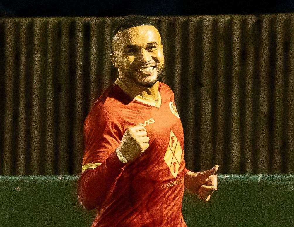 Dean Grant celebrates scoring Whitstable Town’s winner. Picture: Les Biggs