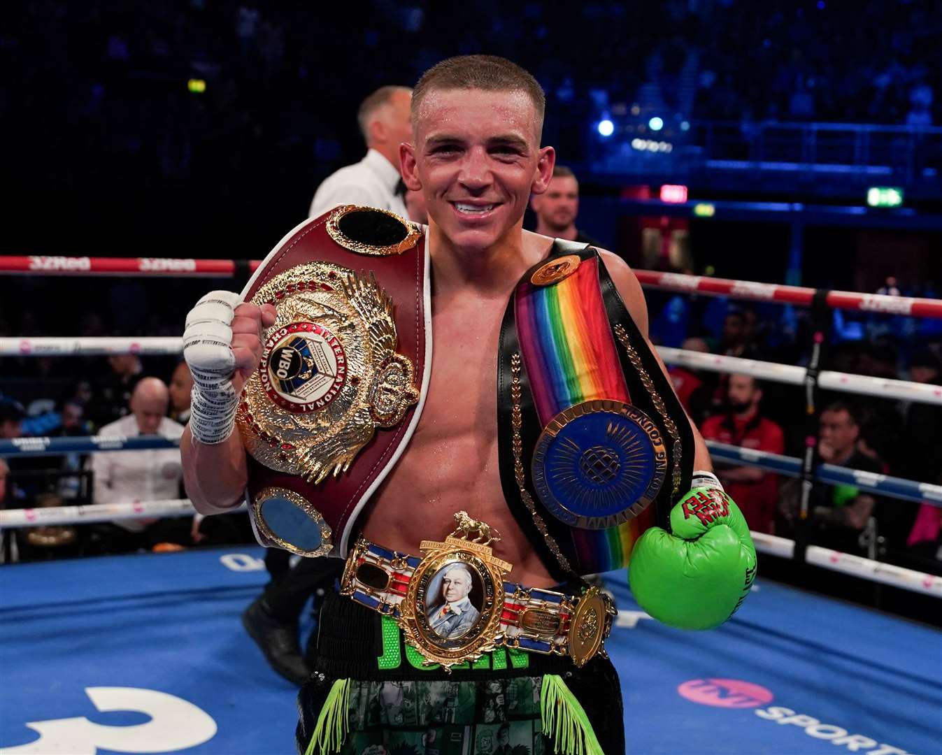 Maidstone boxer Dennis McCann with his British, Commonwealth and WBO Inter-Continental belts. Picture: Stephen Dunkley / Queensberry Promotions