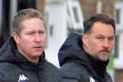 Roland Edge, left, was last on the touchline alongside Micheal Everitt at Folkestone. Picture: Randolph File