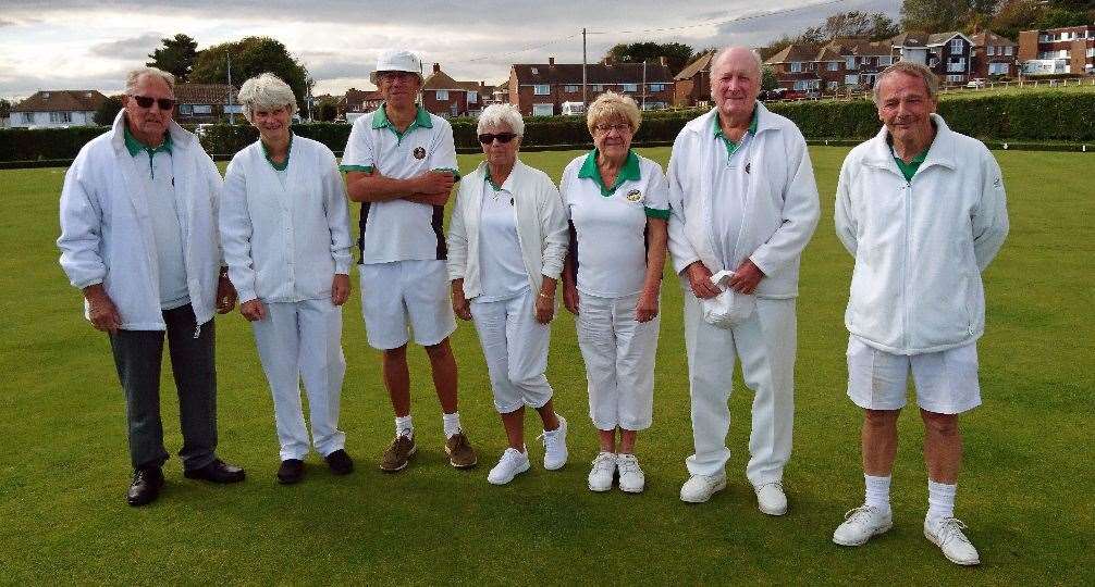 Les, Sara, Brian, Jackie, Kath, Roy and Mike, members of Wear Bay Bowls Club, at Finals Day 2020. Photo: Brian Adams