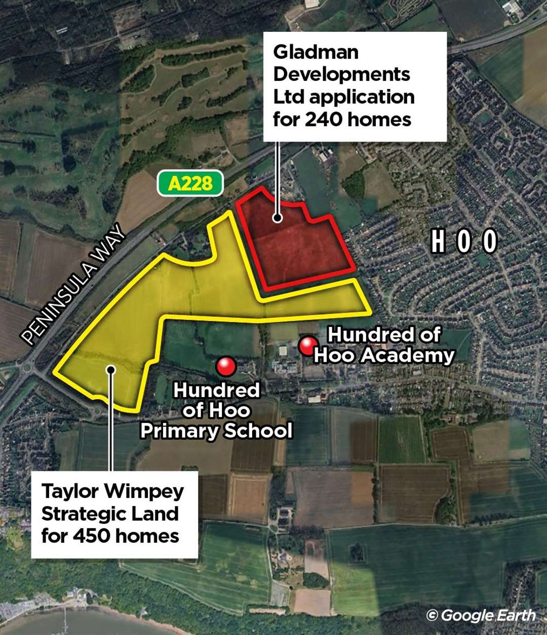 The new application between Hoo and Chattenden for 450 homes is adjacent to an on-going application by Gladman Developments Ltd for 240 homes