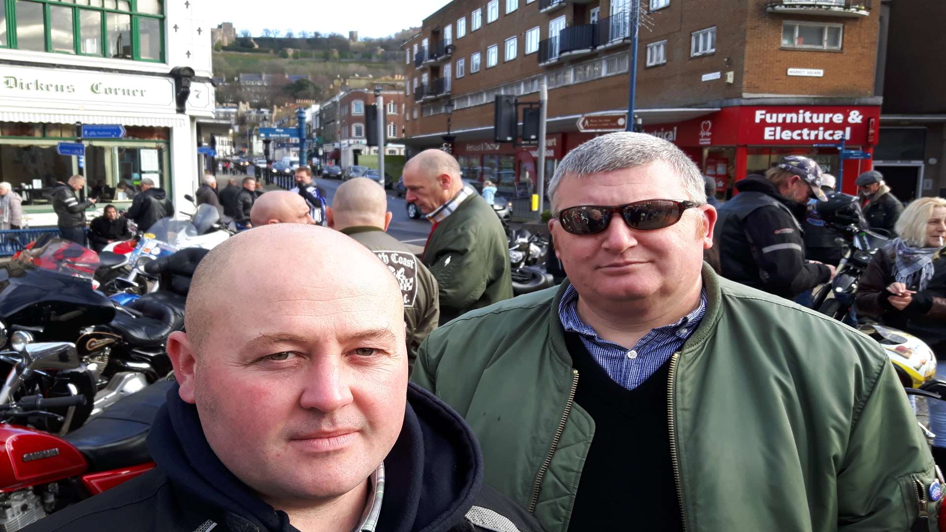 John Anderson, left, and Kristian Cooke. Part of escort of 35 motorbikes and scooters at Kelly Turner's funeral