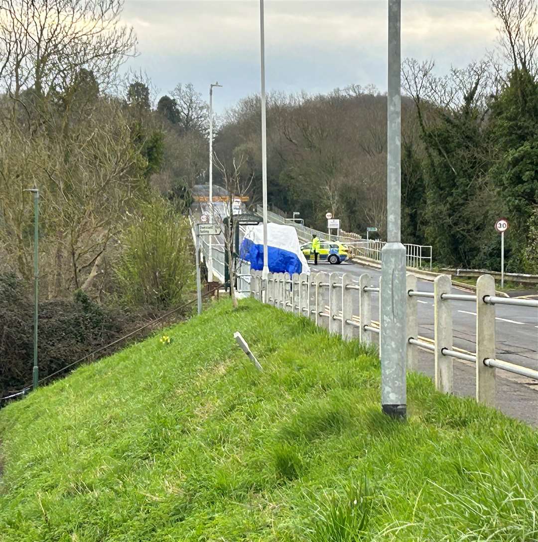 A white tent was erected near a bus stop in the village