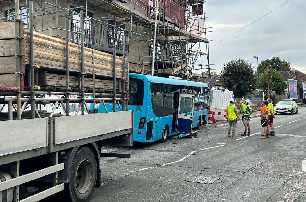 The Arriva bus smashed into scaffolding. Picture: Brad Harper