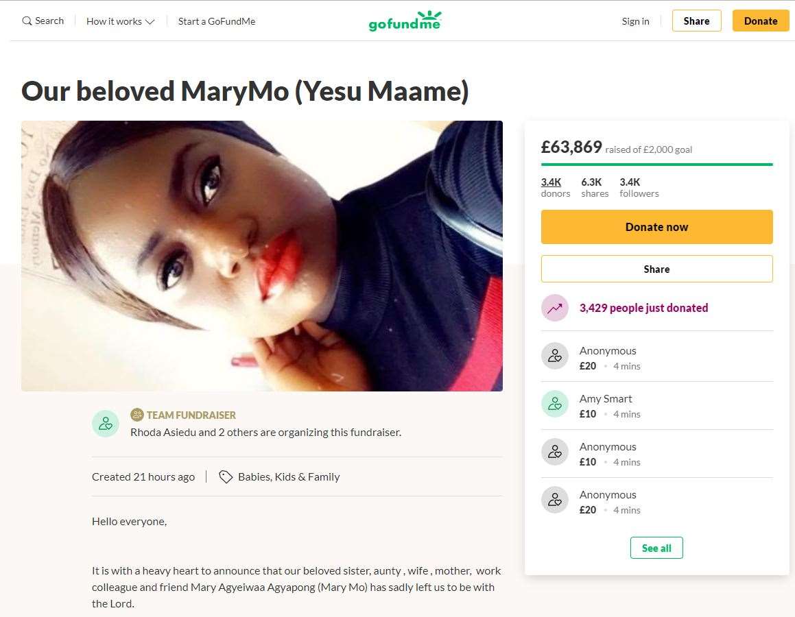 A GoFundMe page set up for the husband and daughter of Mary Agyeiwaa Agyapong (GoFundMe/PA)