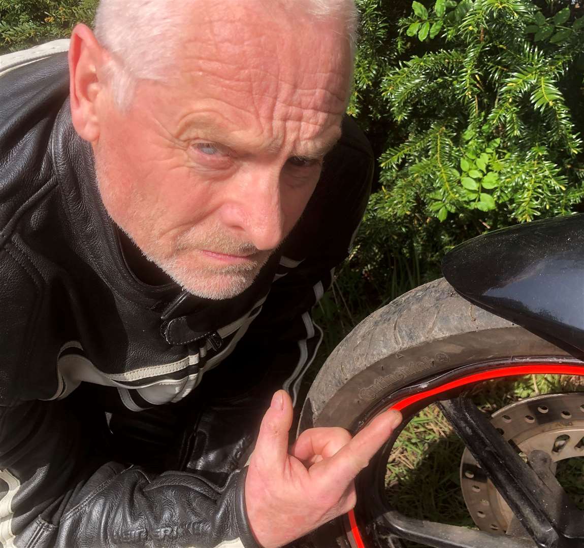 Both of Mr Matthews's wheels were damaged by potholes on Monk's Hill in Smarden