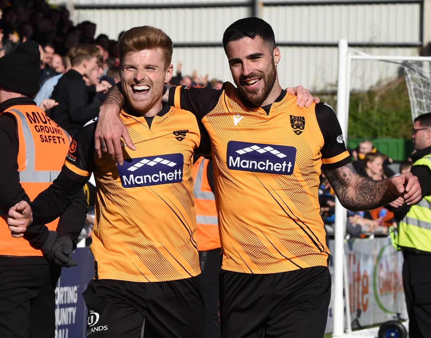 Maidstone striker Jack Barham celebrates his hat-trick goal against Havant with leading scorer Joan Luque Picture: Steve Terrell