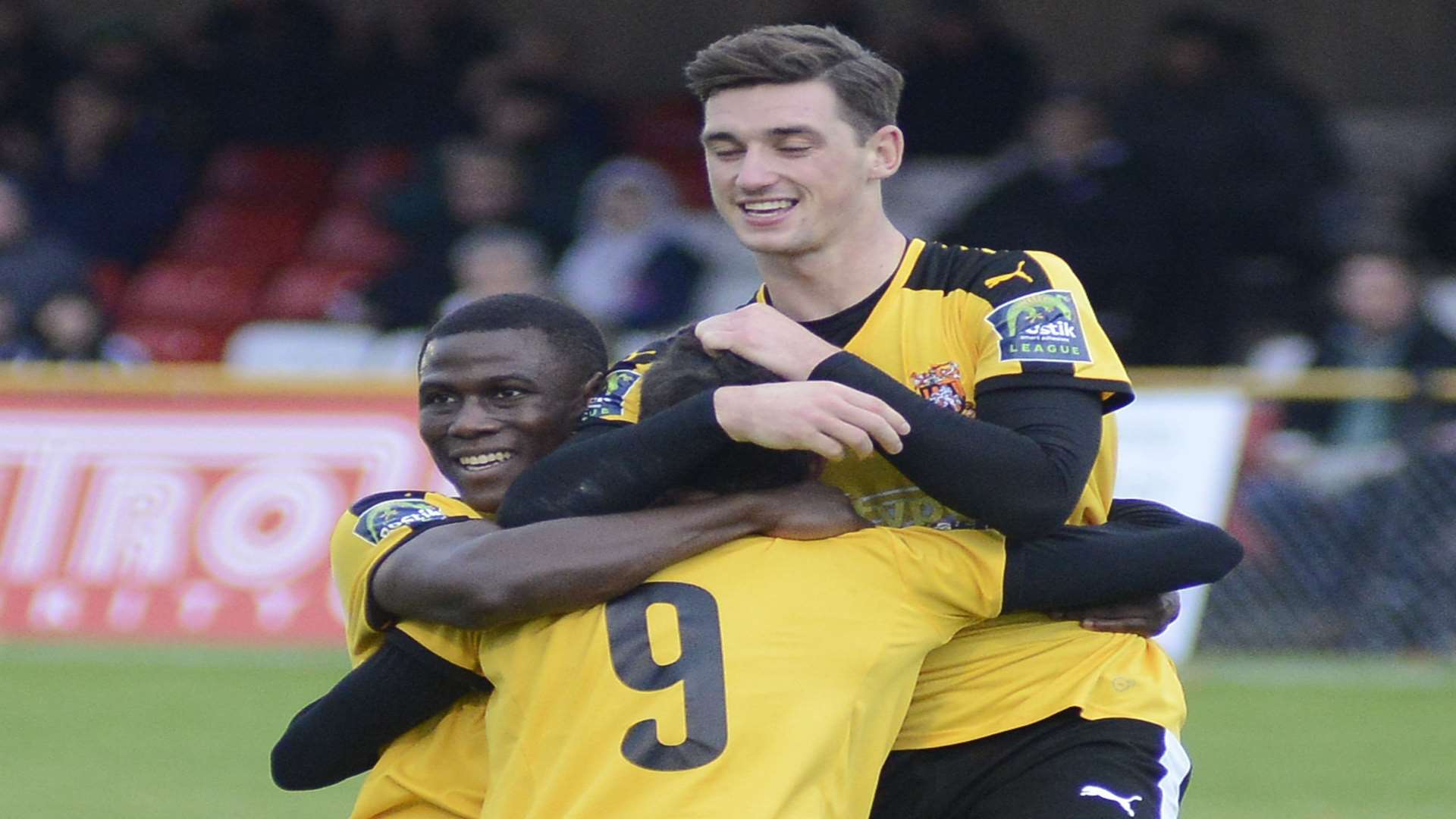 Folkestone celebrate one of their goals against Dorking Wanderers Picture: Paul Amos