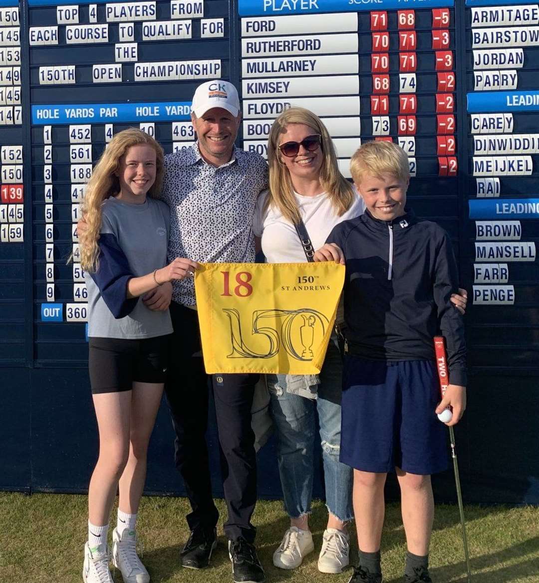 Matt Ford celebrates qualifying for The Open Championship with wife Suzie and children Teagan and Oscar