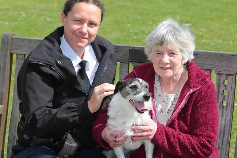 RSPCA Inspector Caroline Doe with Jasper and new owner Pat Beach