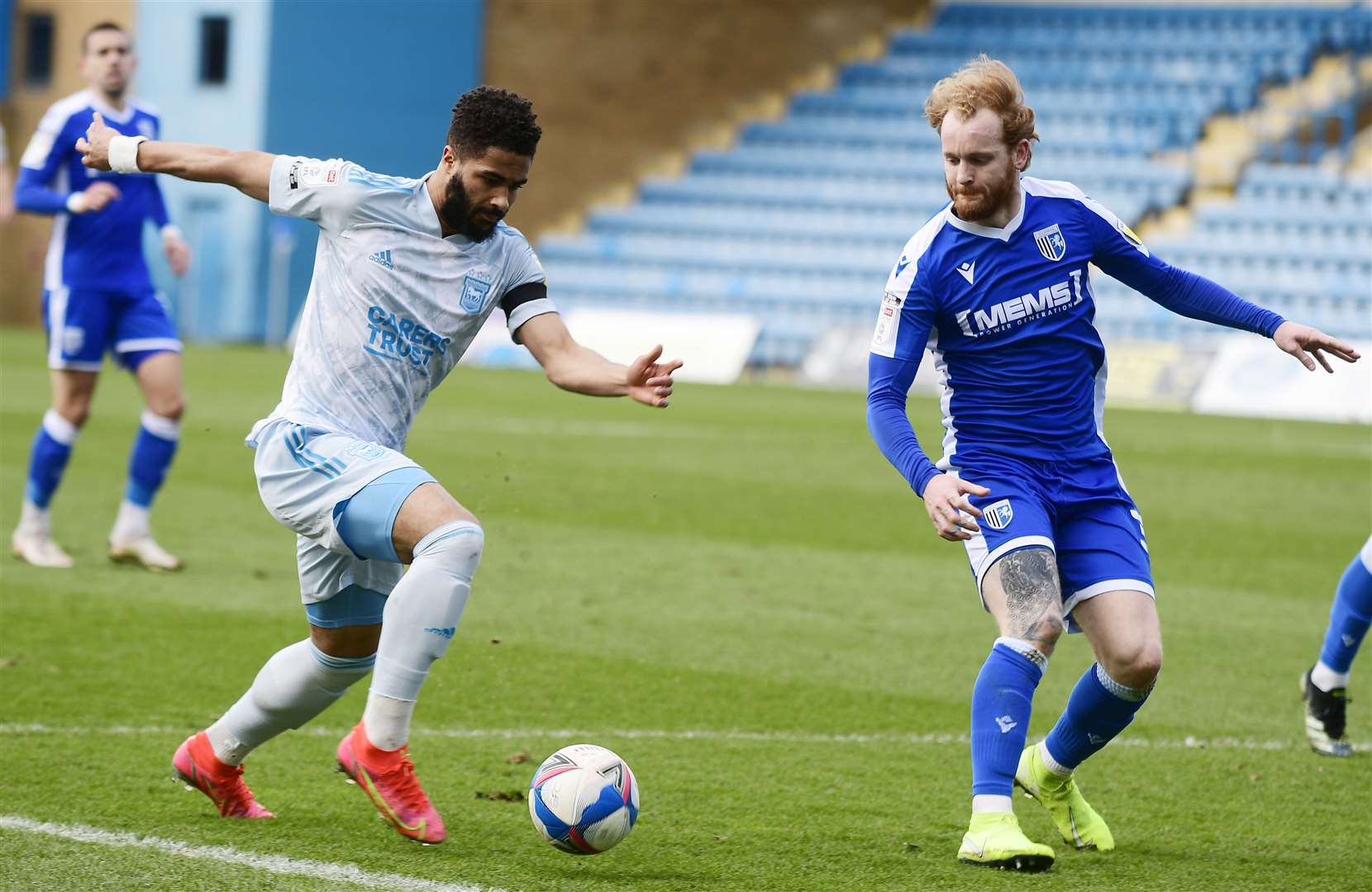 Gills defender Connor Ogilvie closes down Ipswich's Keanan Bennetts. Picture: Barry Goodwin