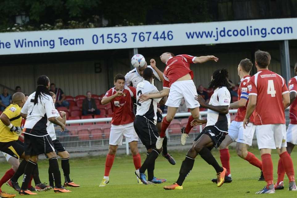 Richard Orlu heads Dover in front against Ebbsfleet (Pic: Gary Browne)