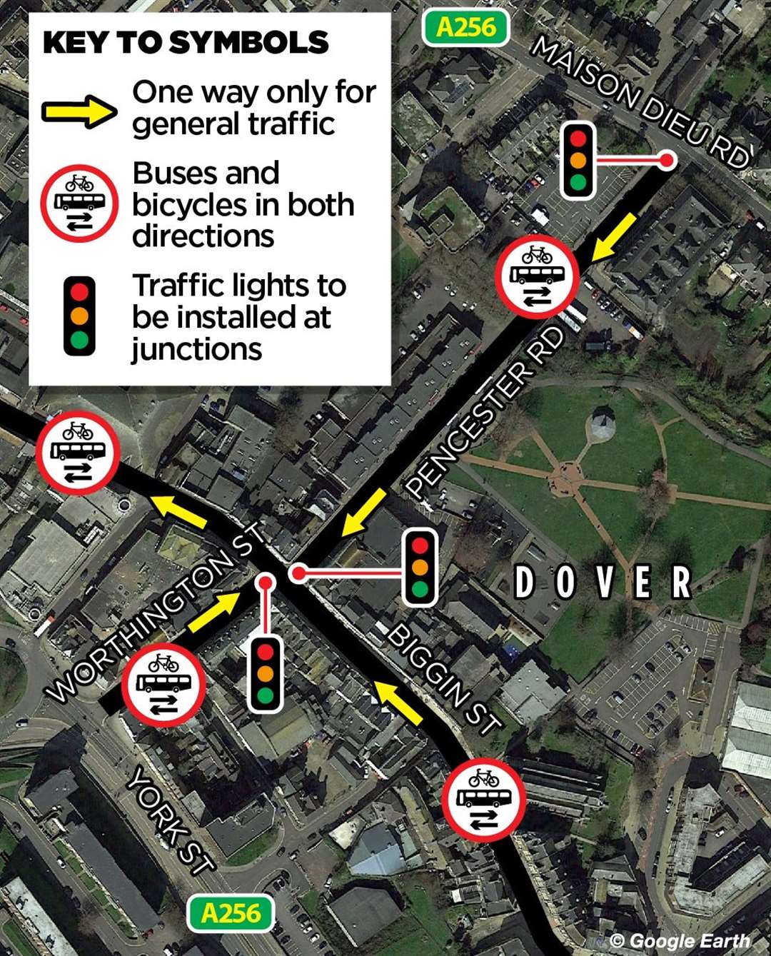 How the Pencester Road contraflow in Dover will be set up