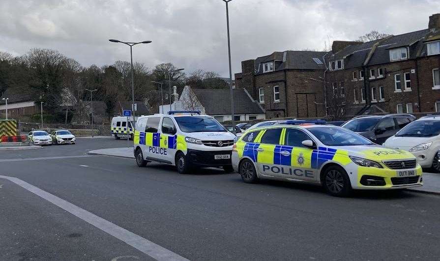 Police cars at Dover Priory railway station this morning