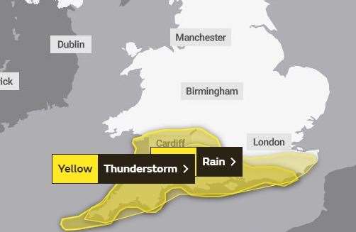 The Met Office map showing the weather warning for thunderstorms reaching into Kent tomorrow. Picture: Met Office (48626712)