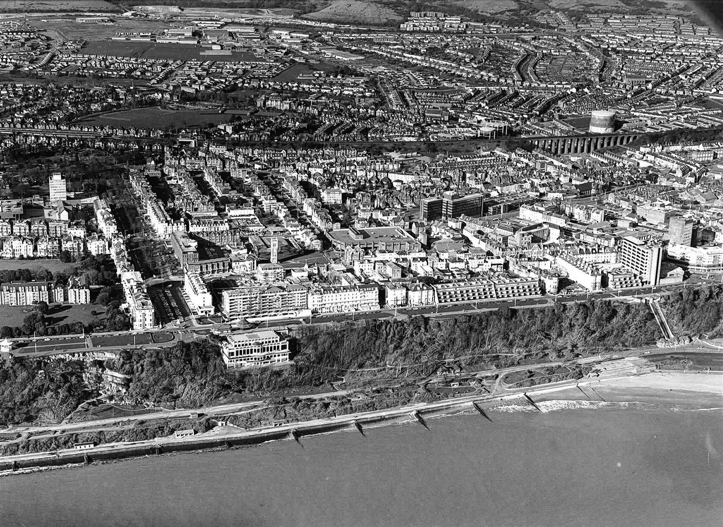 Taken from above the coast looking across to Folkestone. Many landmarks of the town can be seen here, including The Leas Cliff Hall and the zig-zag path