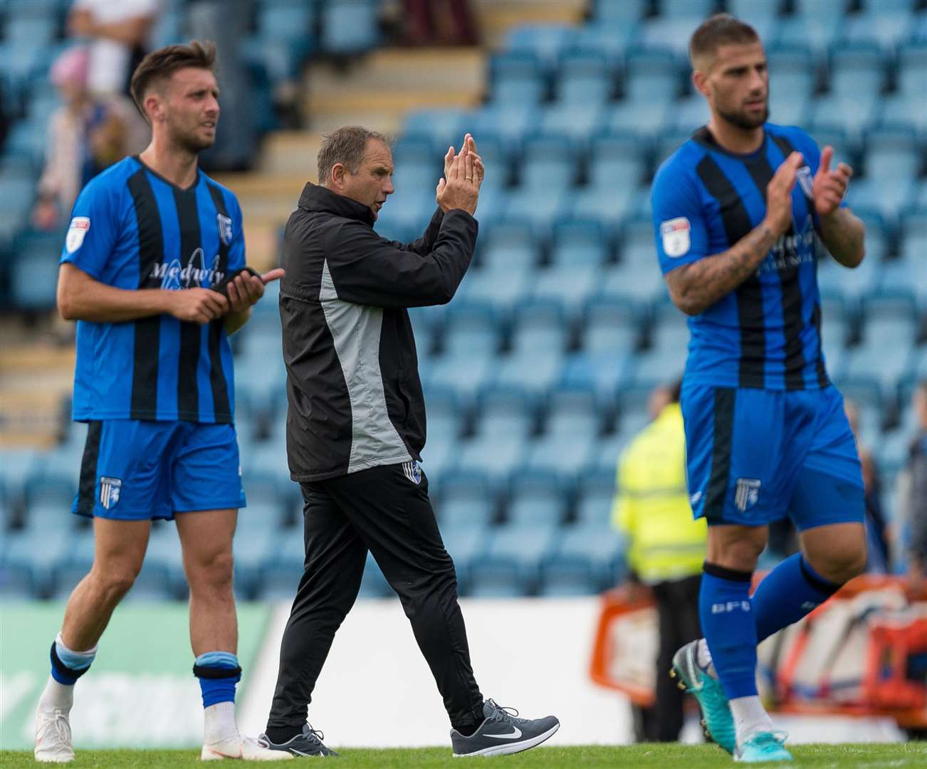 Manager Steve Lovell and defenders Luke O'Neill and Max Ehmer thank the fans for their support at full-time Picture: Ady Kerry