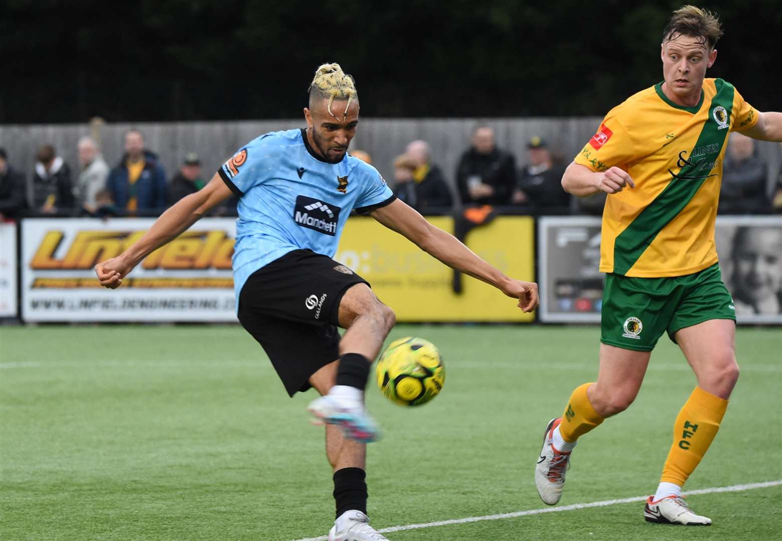 Matt Bentley volleys over during the first half of Maidstone's FA Trophy defeat at Horsham. Picture: Steve Terrell