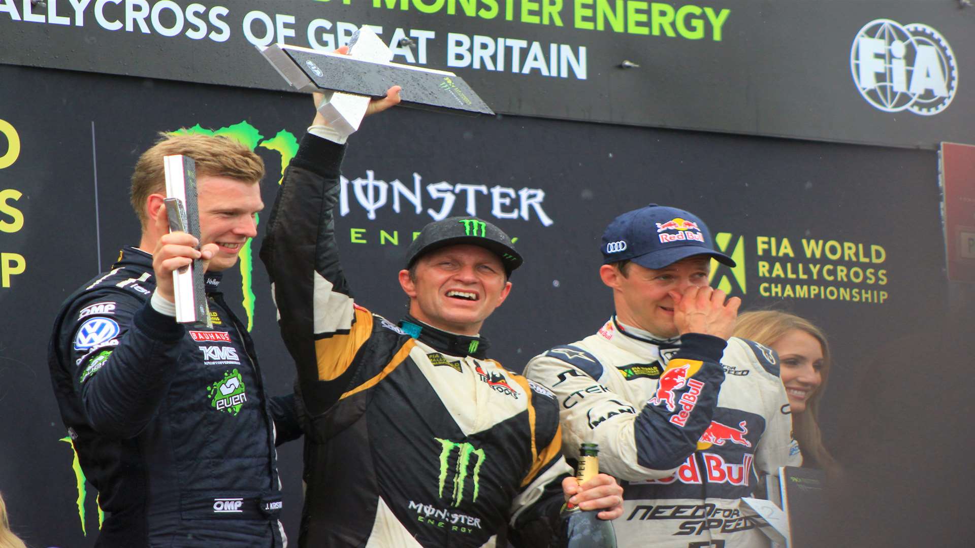 Kristoffersson, winner Solberg and Ekstrom on the podium. Picture: Joe Wright