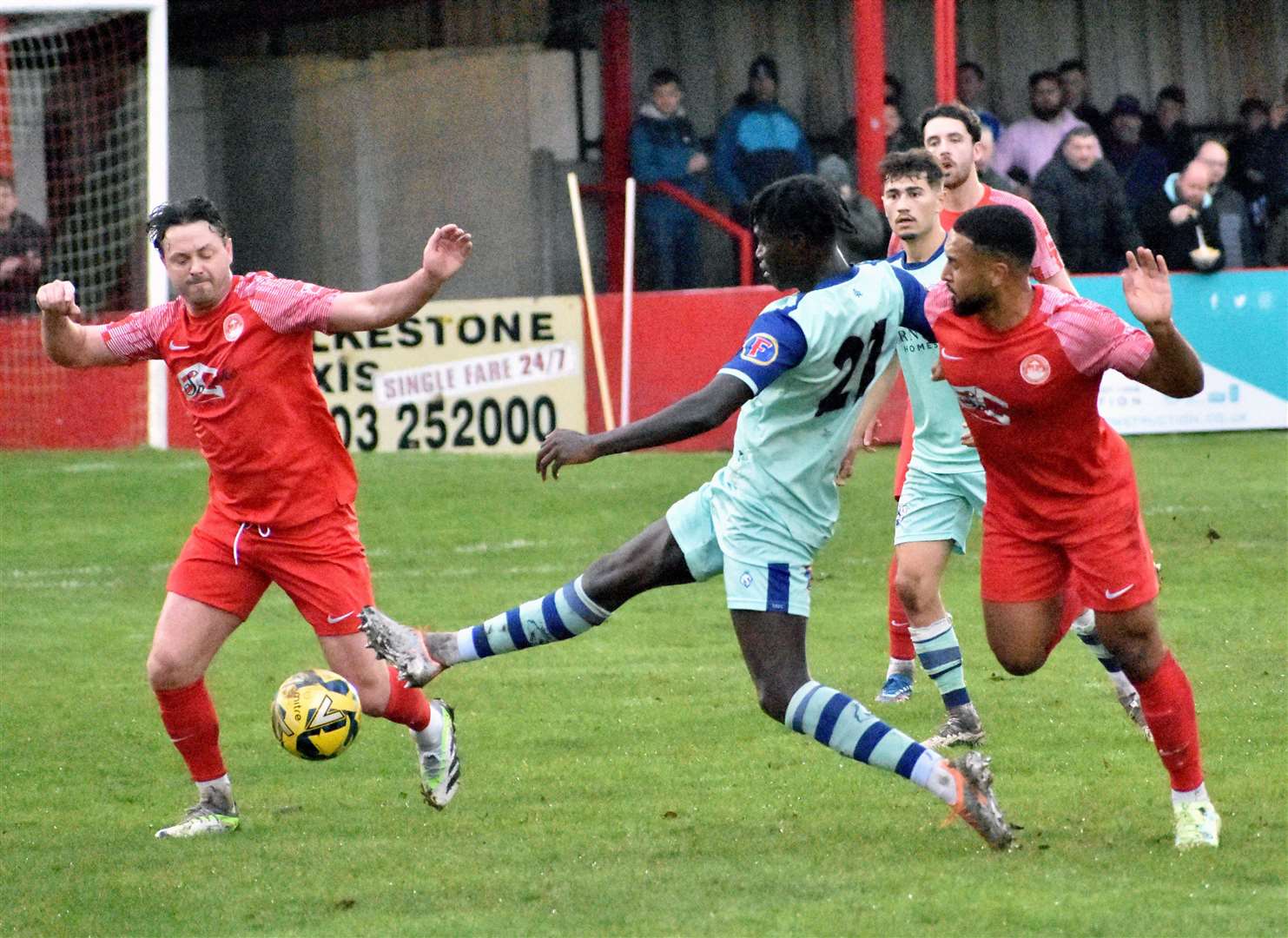 Frannie Collin, left, scored Hythe’s winning penalty after a goalless draw against National South Tonbridge. Picture: Randolph File