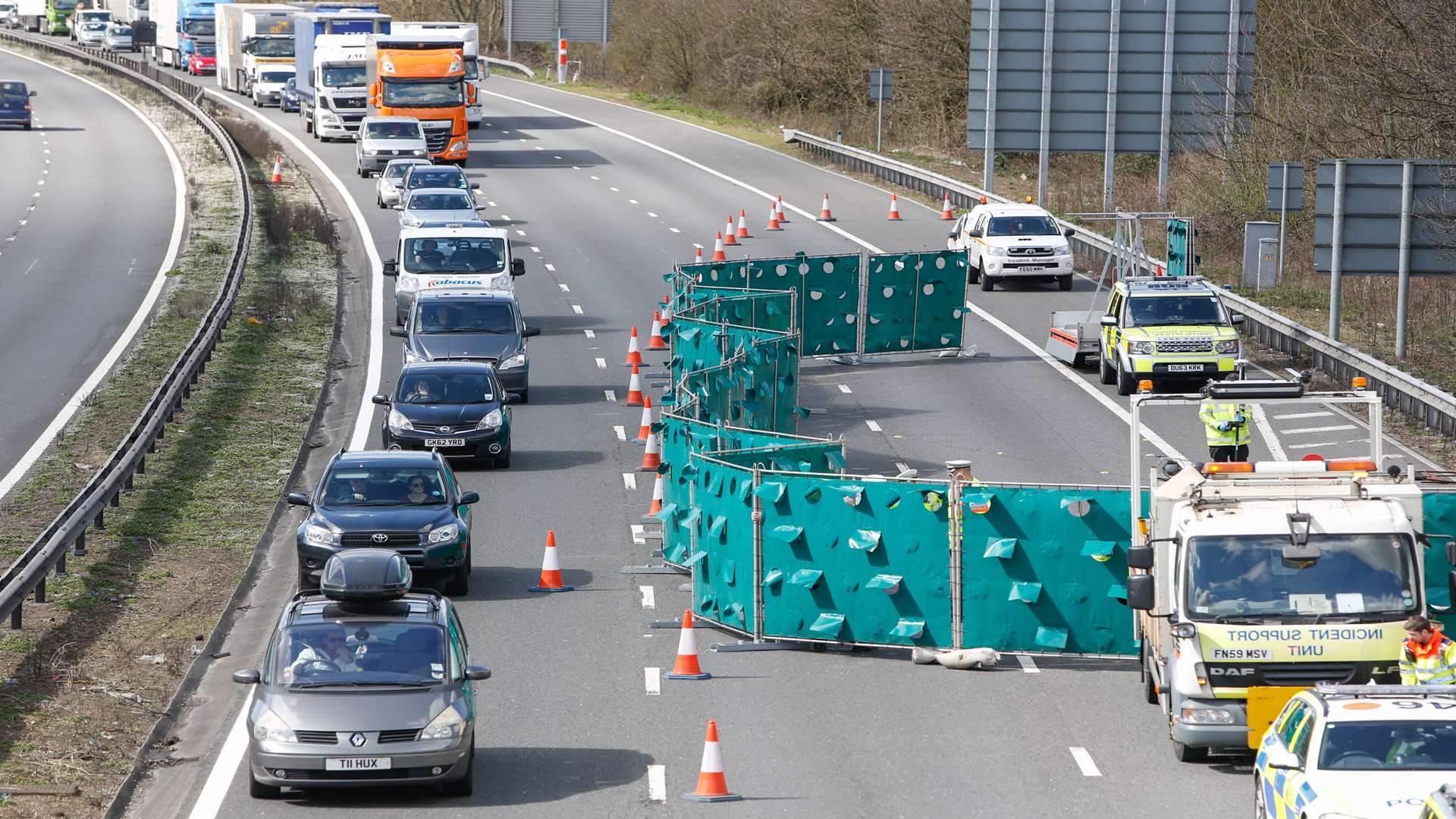 A general view of the scene of the crash just before junction 4 of the M20 coastbound.