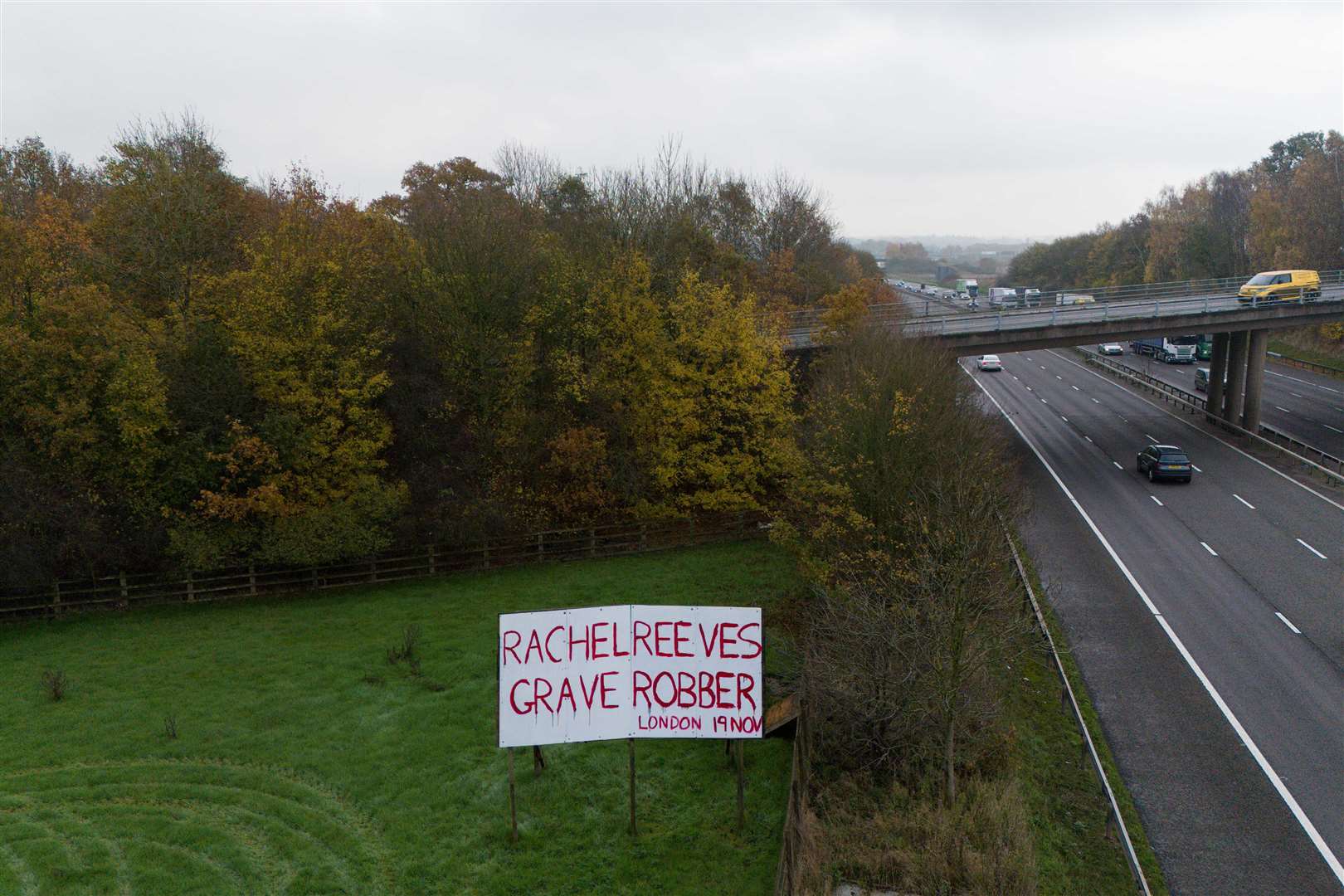 A sign in a field by the M40 near Warwick, protesting against changes to inheritance tax rules in the recent Budget (Jacob King/PA)