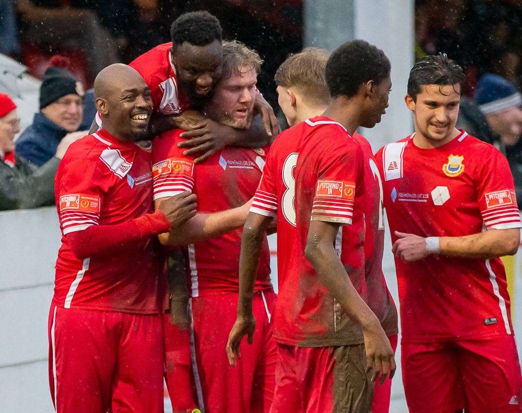 Whitstable celebrate Harry Goodger's goal against Corinthian. Picture: Les Biggs