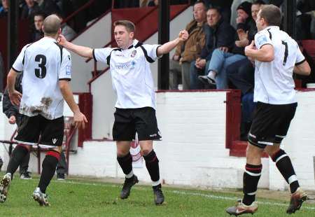 Lee Noble celebrates scoring Dartford's late equaliser against Welling