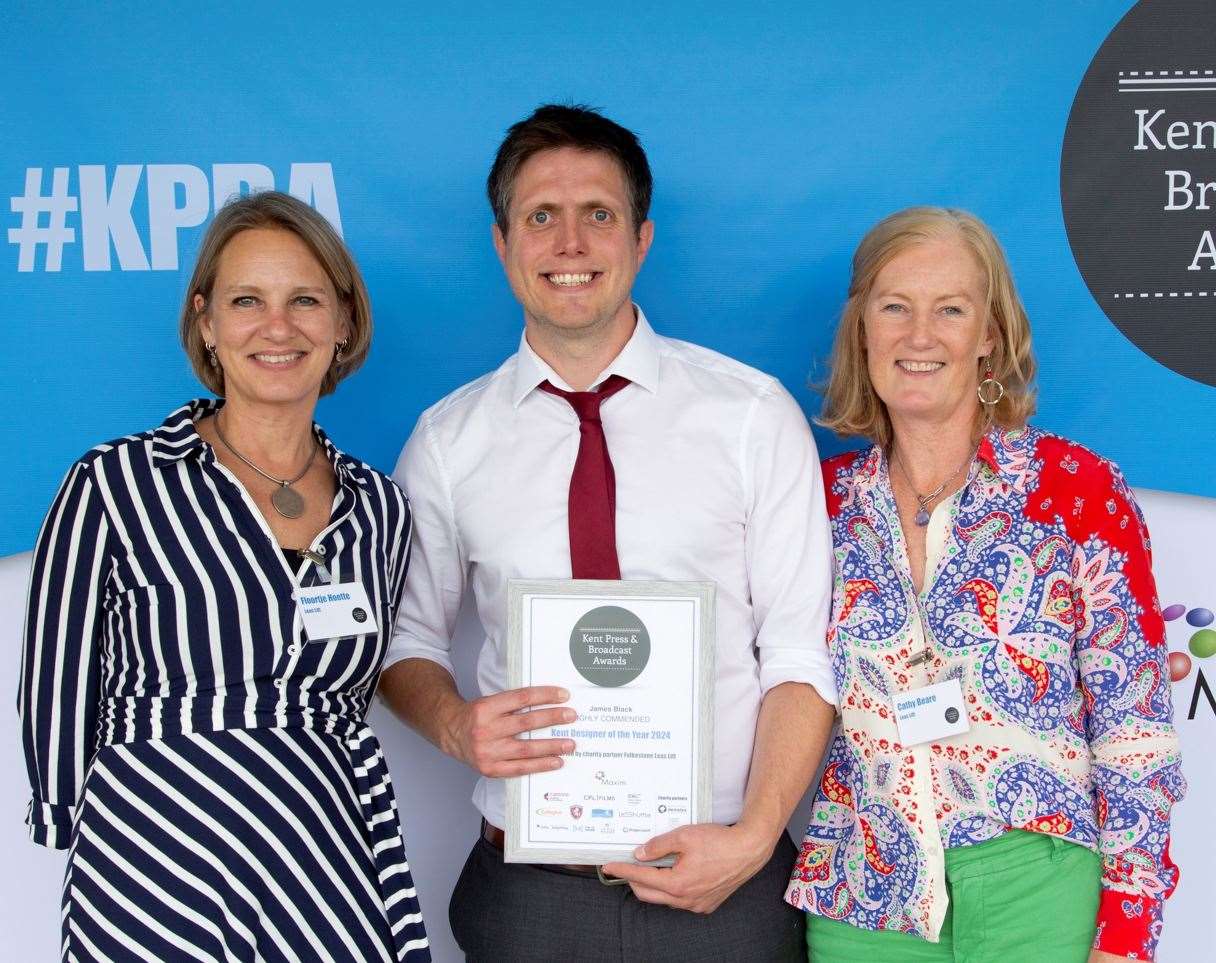 Kent Press and Broadcast Awards (KPBA) 2024 - James Black, KM Media Group (centre) named highly commended in the Kent Designer of the Year category with Floortje Hoette and Cathy Beare of Leas Lift. Picture: Tim Stubbings/Maxim