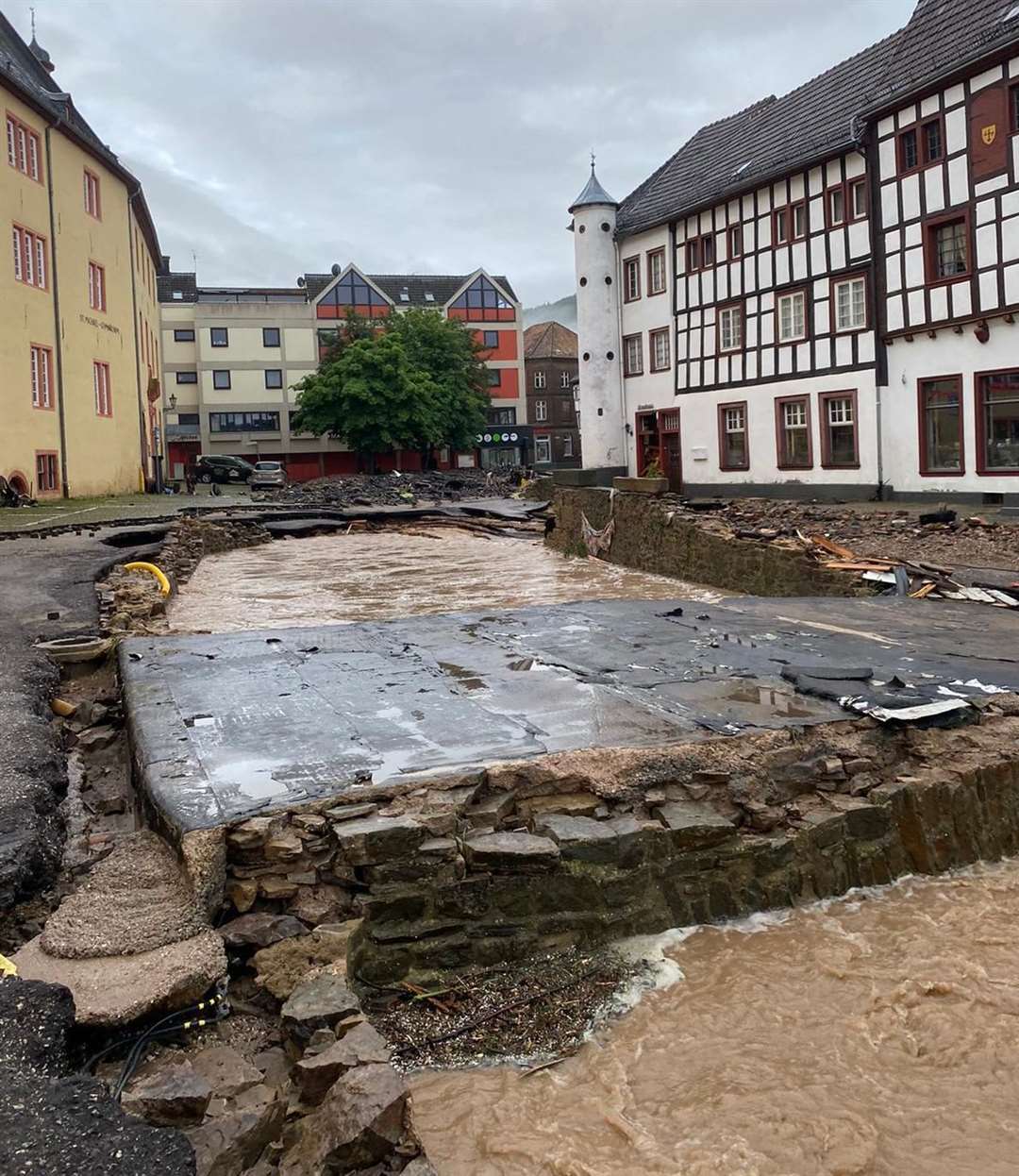 The Erft river burst its banks in the deluge, causing damage to the surrounding streets. Picture: Dieter Ohmen