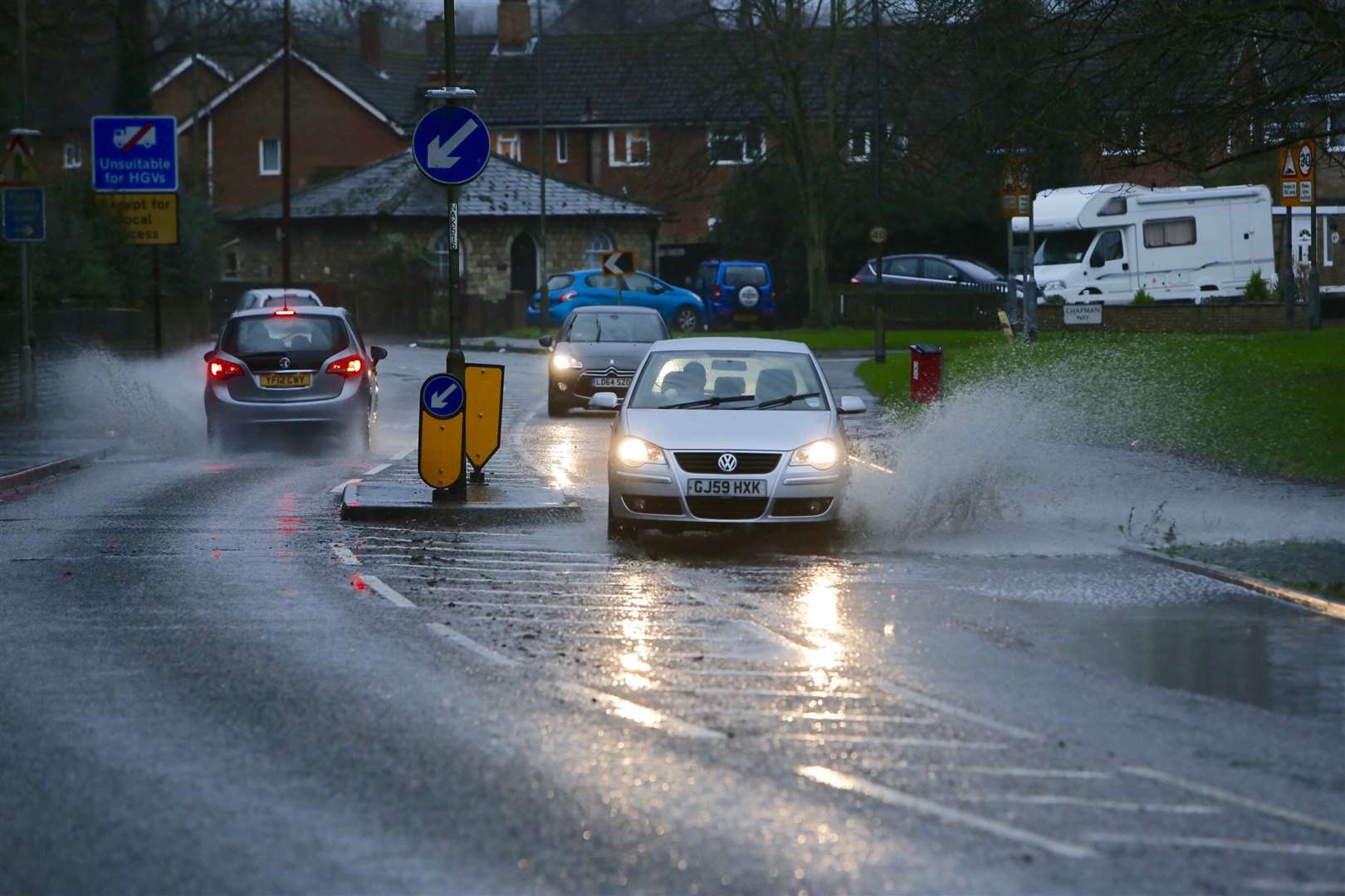 Wet driving conditions in East Malling