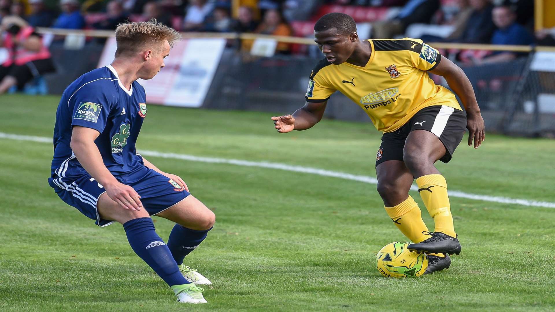 Ade Yusuff on the ball for Folkestone against Hendon Picture: Alan Langley