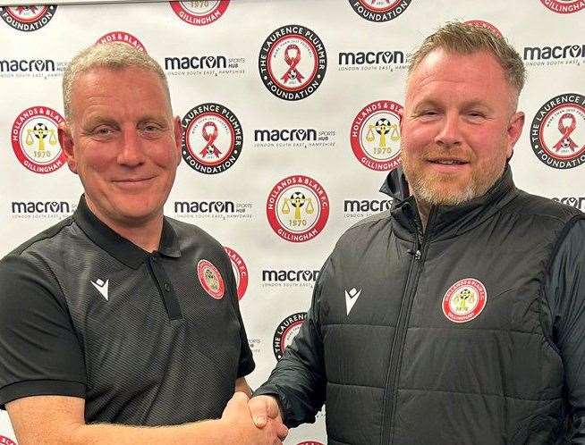 Hollands & Blair chairman Paul Piggott with new permanent manager Luke Jessup Picture: @hollandsblairfc