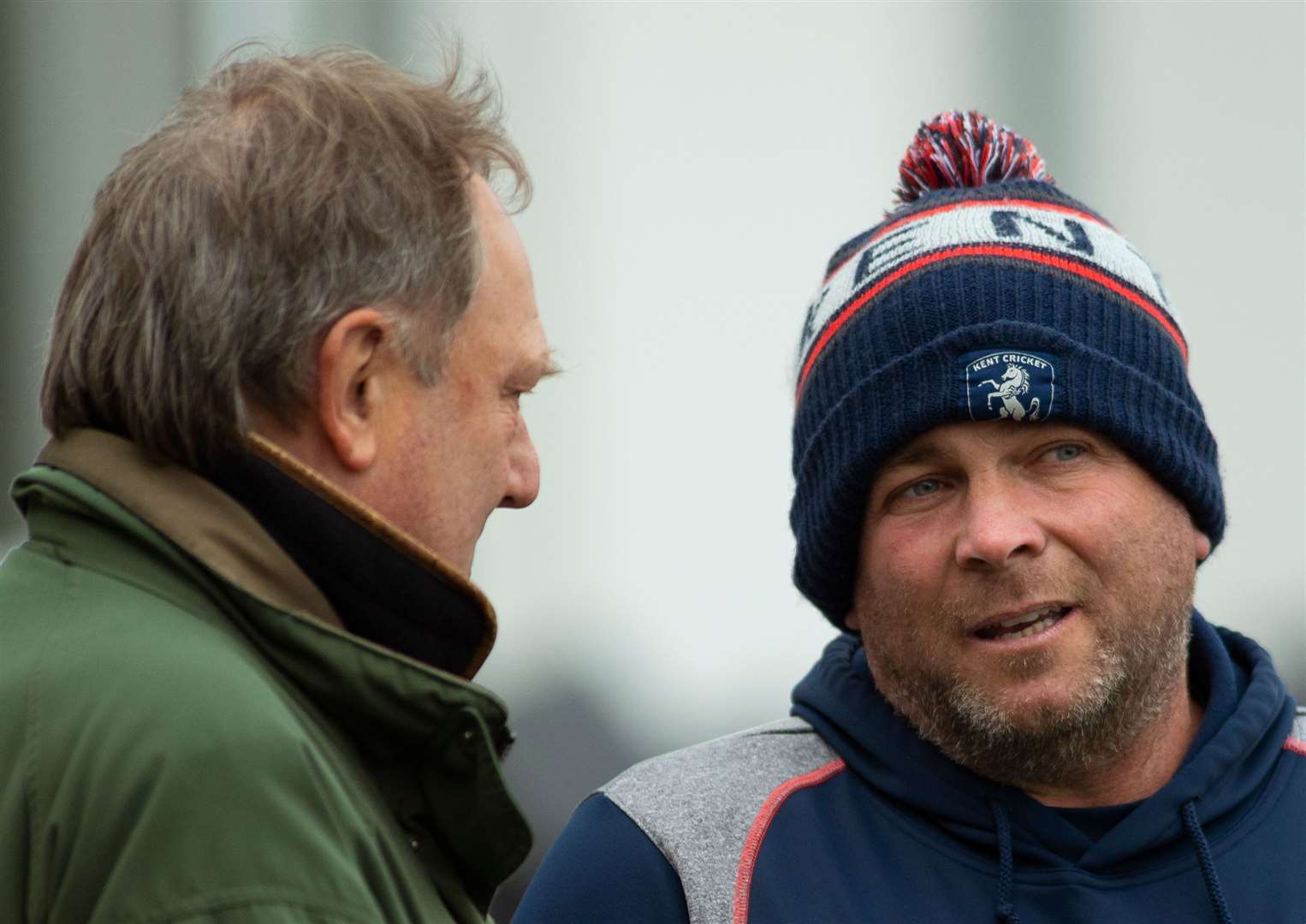 Kent head coach Matt Walker talks with director of cricket Paul Downton