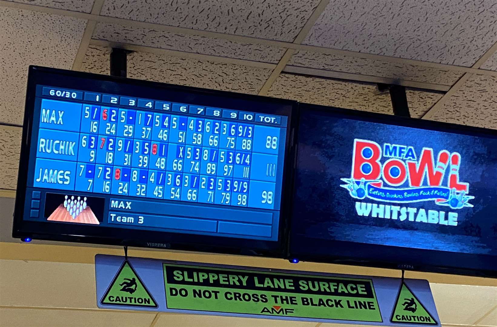 James narrowly beat Max in the first game at MFA Bowl in Whitstable