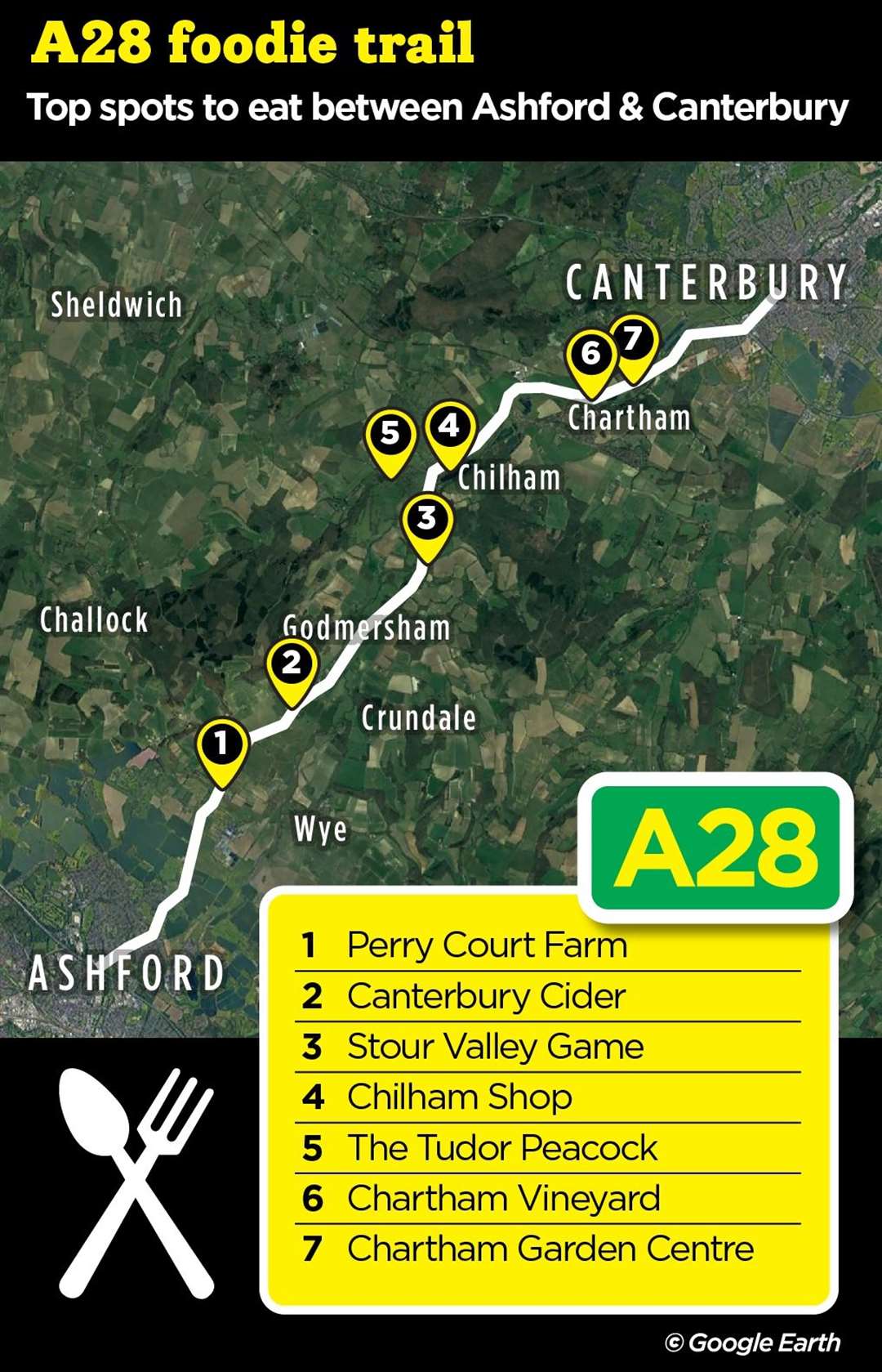 Some of the best food and drink spots along the A28 between Ashford and Canterbury