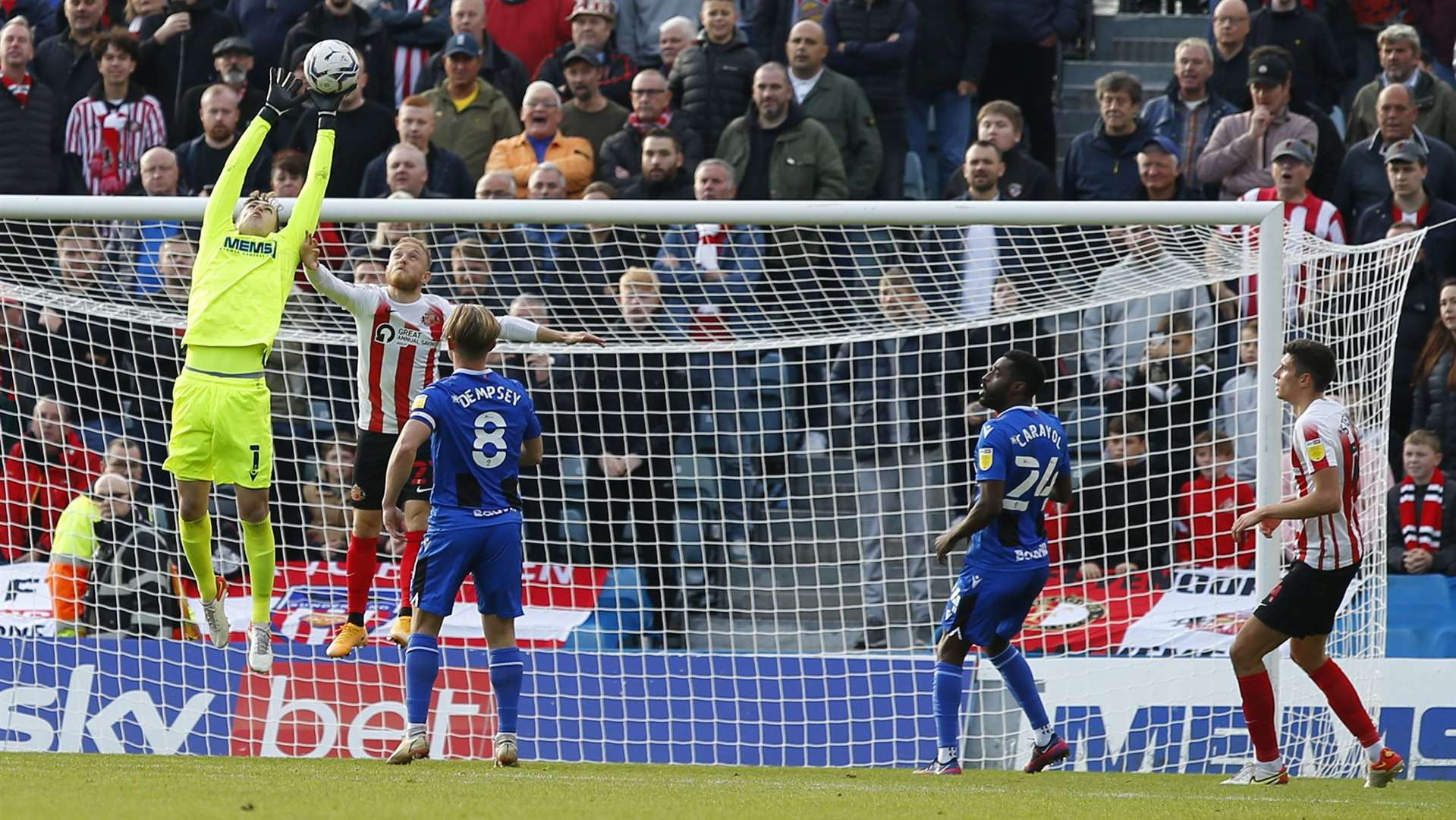 Gillingham goalkeeper Jamie Cumming collects under pressure from the Black Cats. Picture: Andy Jones