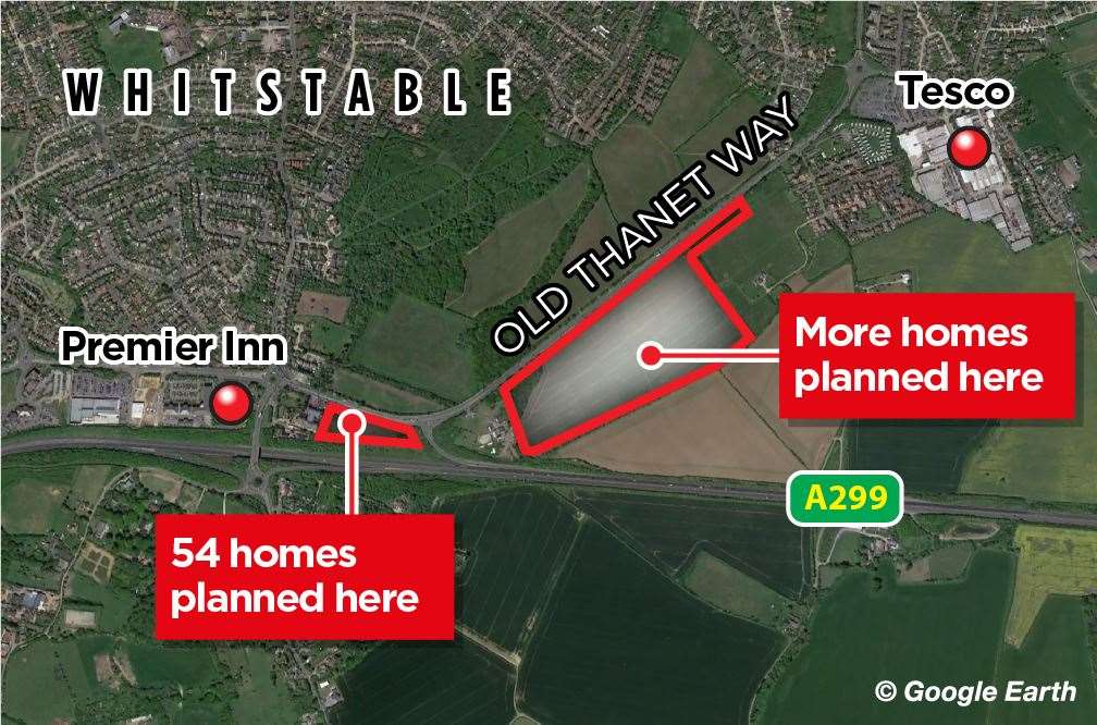 The location of the proposed new housing developments in Whitstable