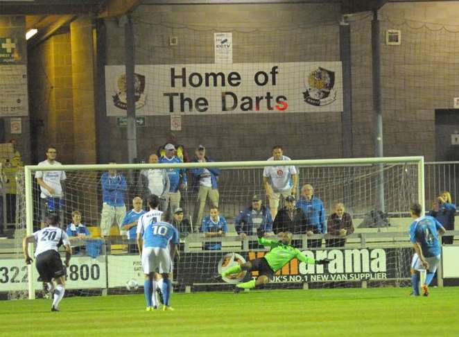 Jamie Collins (4) puts Eastleigh 2-0 up from the penalty spot Picture: Steve Crispe