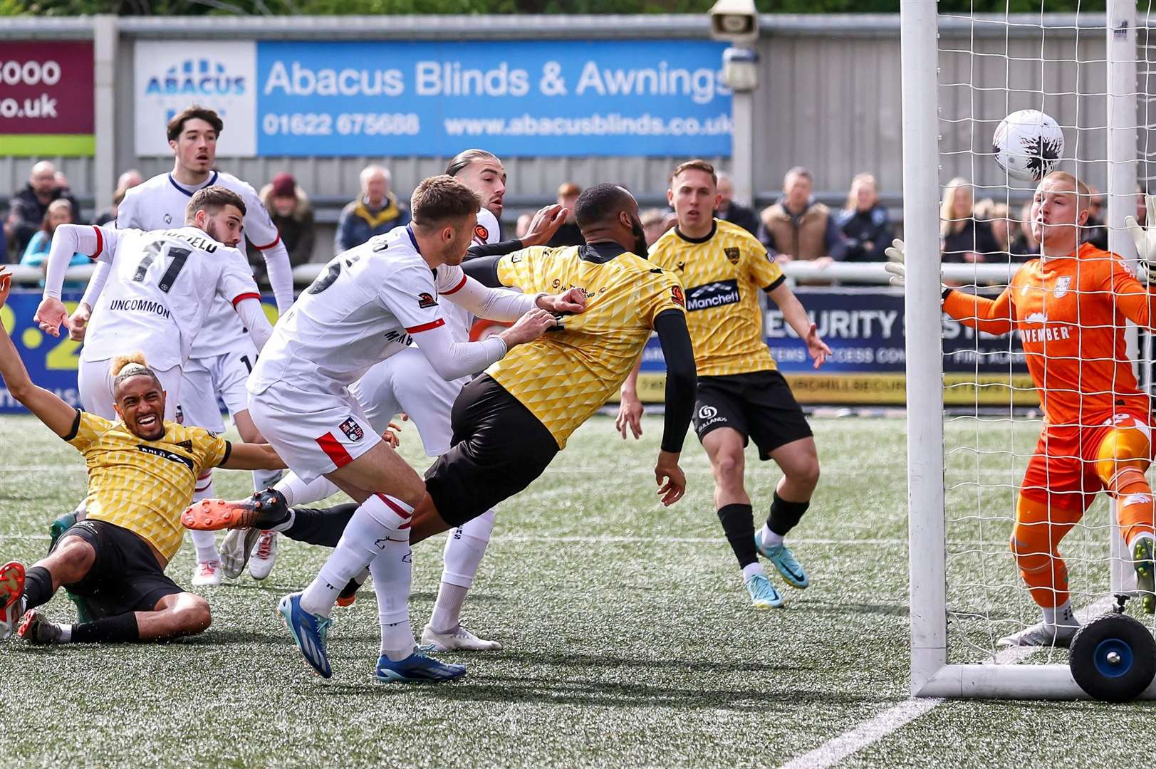 Reiss Greenidge heads Maidstone into the lead. Picture: Helen Cooper