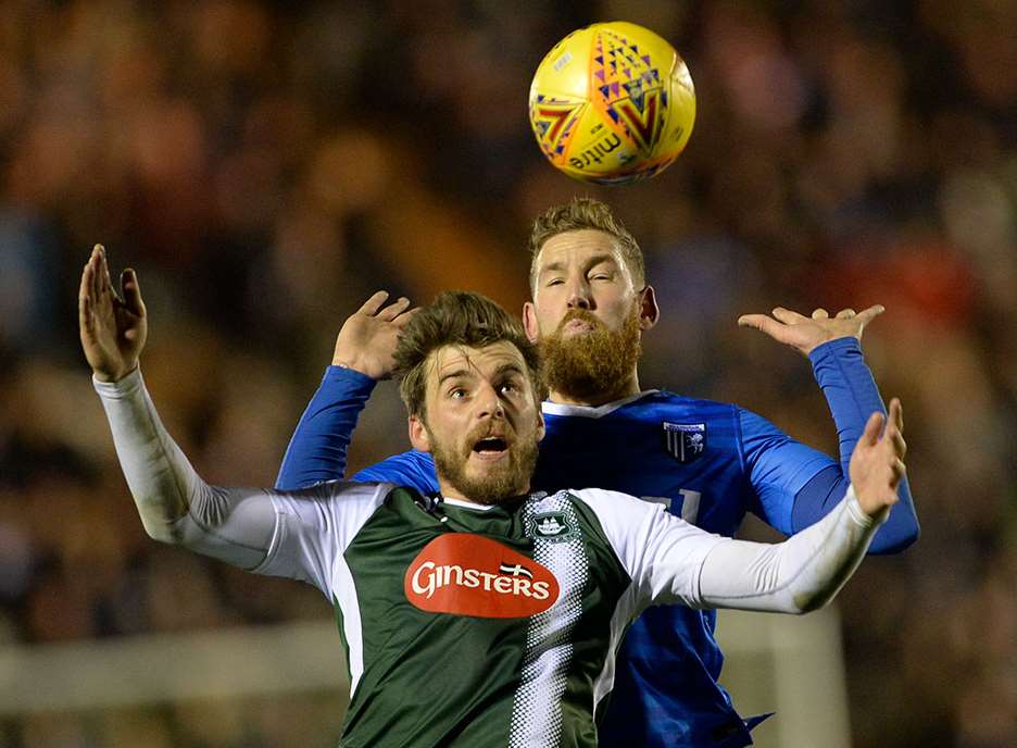 Scott Wagstaff battles for the ball at Plymouth Picture: Ady Kerry