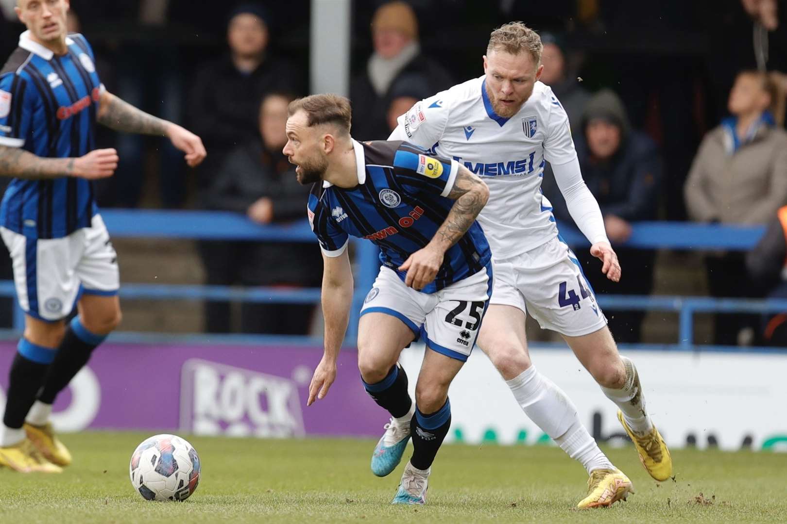 Striker Aiden O'Brien up against a former Gillingham striker Danny Lloyd at Rochdale on Saturday